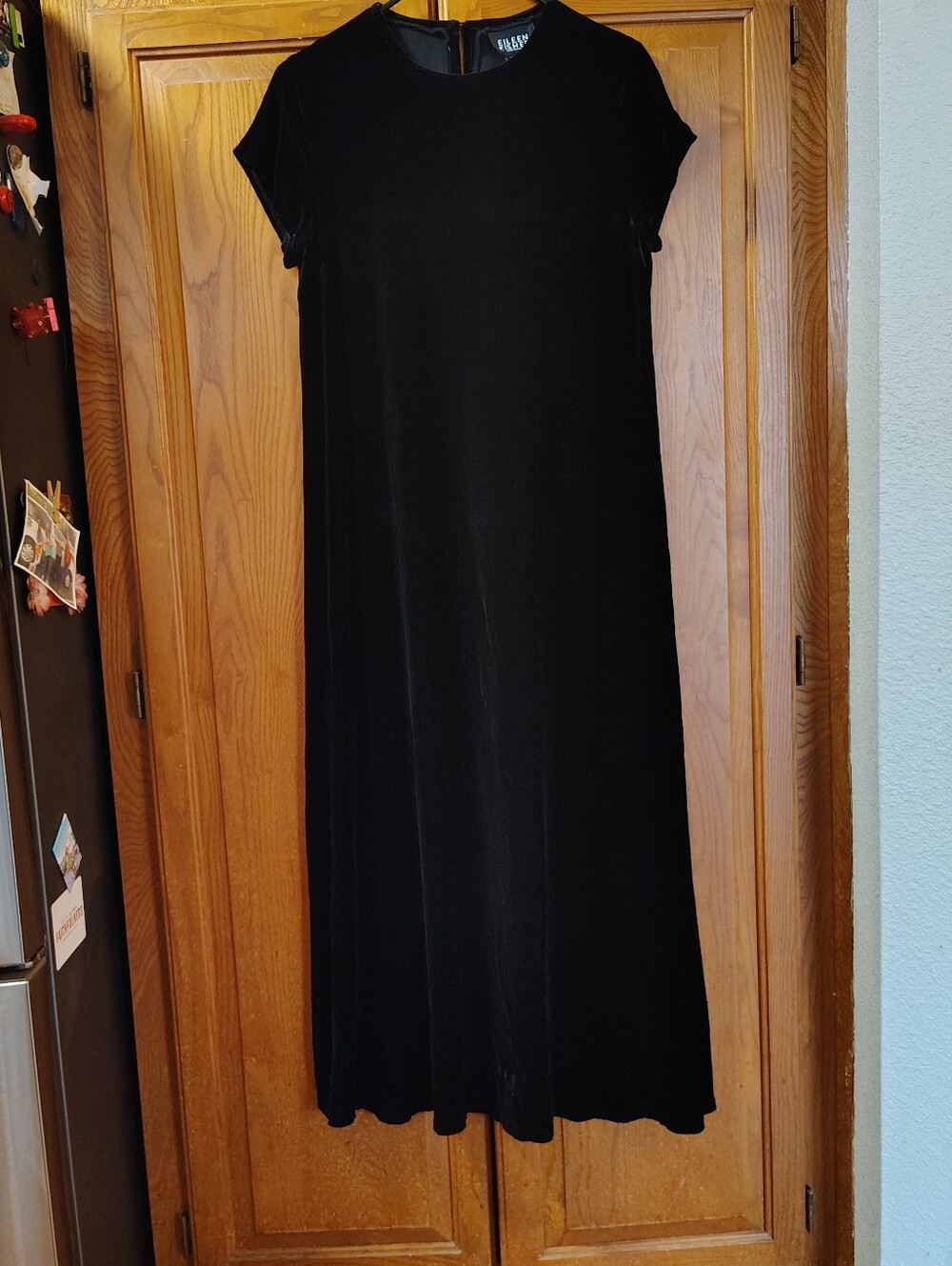 Eileen Fisher Silk Blend Black Velvet Maxi Dress Short Sleeve Classic Sz Small